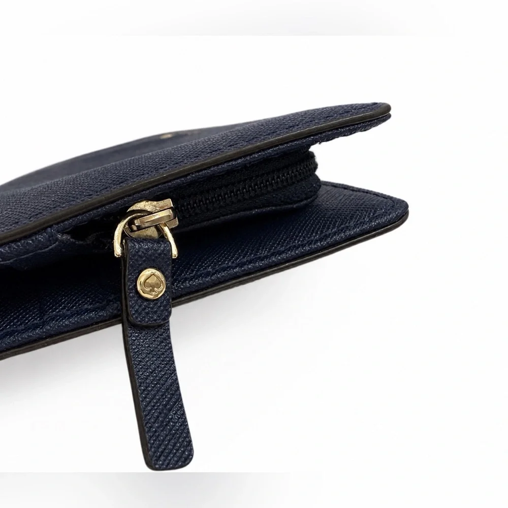 Kate Spade New York Navy Saffiano Leather Slim Wallet Clutch Gold Logo Zip